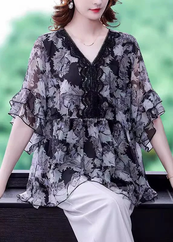 Plus Size Black V Neck Ruffled Print Chiffon Shirt Half Sleeve