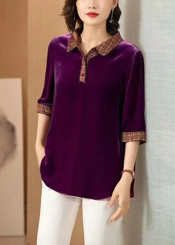 Purple Button Patchwork Silk Shirt Peter Pan Collar Fall