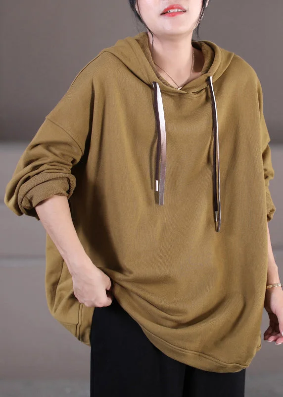 Stylish Khaki Patchwork Drawstring Hooded Sweatshirt Long Sleeve