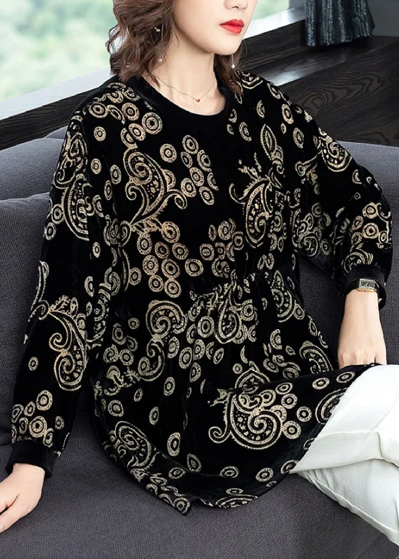 Loose Black O Neck Print Patchwork Silk Velour Tops Fall