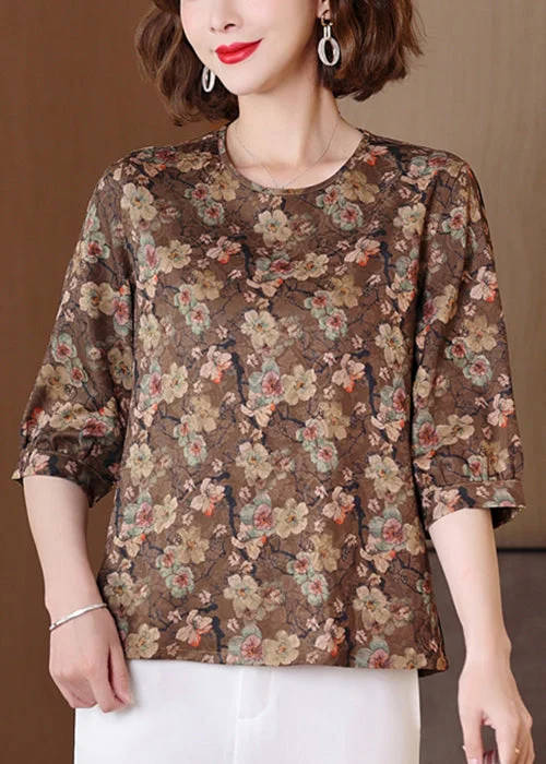 Chic Caramel O Neck Print Patchwork Silk Shirts Half Sleeve