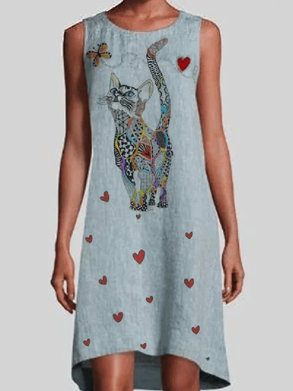 Women Colorful Cat Print Sleeveless Vintage Dresses