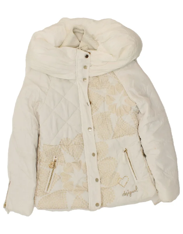 DESIGUAL Womens Graphic Padded Jacket EU 36 Small White Floral Polyester