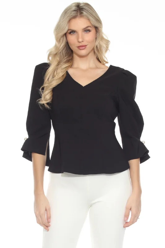 Joseph Ribkoff Black Pearl Puff Sleeve V-Neck Twill Peplum Top 243172