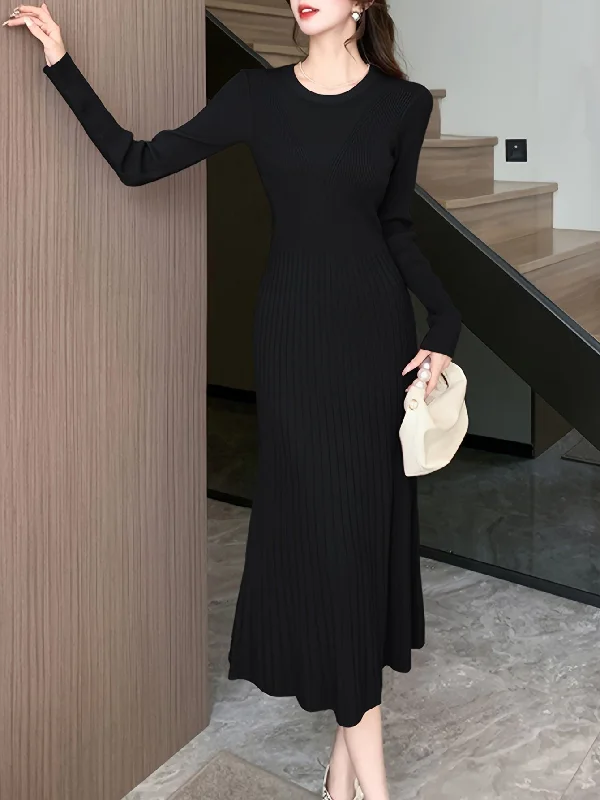 Sixsr Solid Color Long Sleeve Knit Dress, Chic Long Sleeve Crew Neck A-line Dress, Women's Clothing