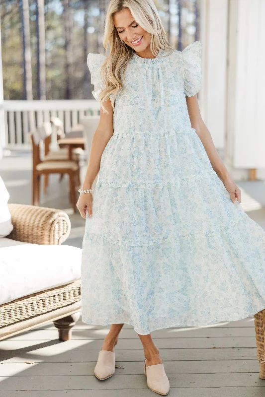 Check You Out Light Blue Ditsy Floral Mid Dress