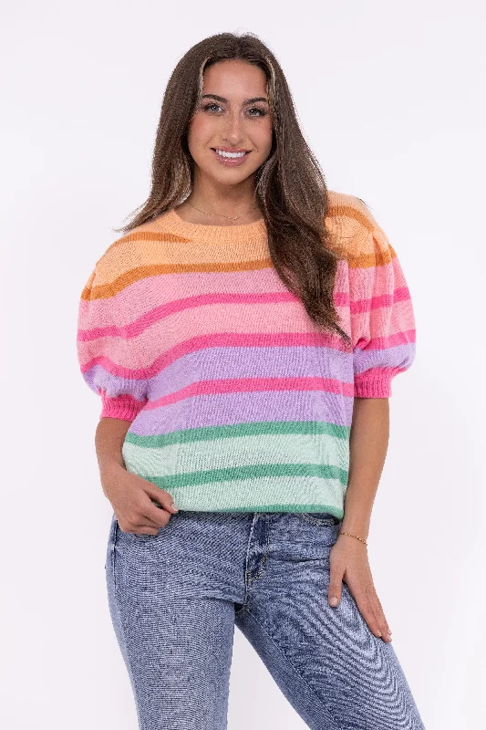 All Different Friends Women's Striped Puff Short Sleeve Sweater