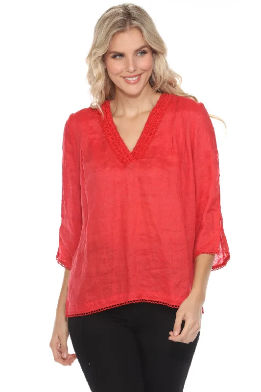 Johnny Was Calme Red Split V-Neck Top O21050