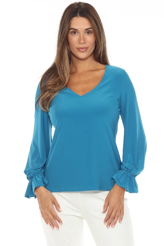 Joseph Ribkoff Pacific Blue Ruffled Cuffs V-Neck Top 243121