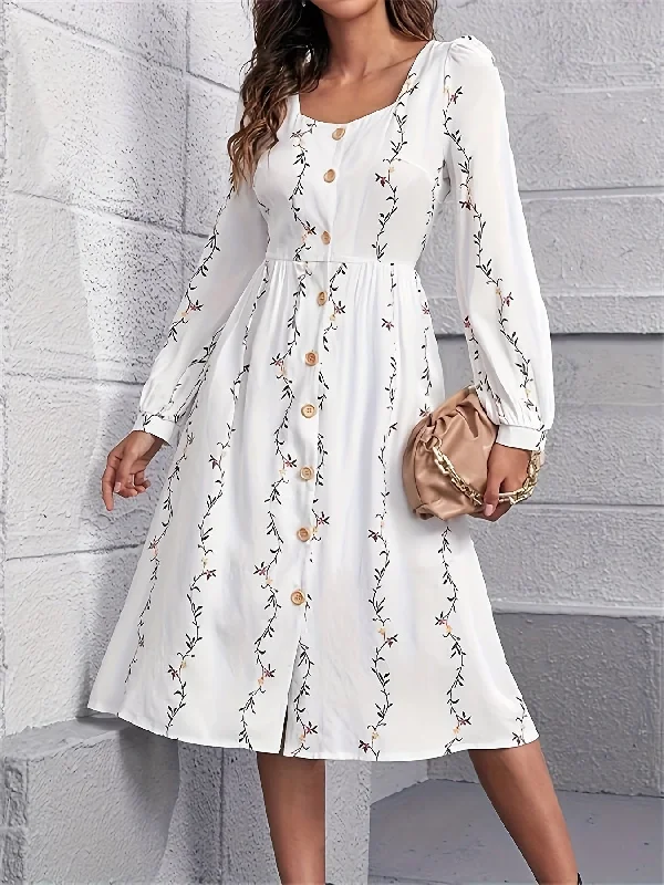 Sixsr Floral Print Button Front Dress, Elegant Long Sleeve A-line Dress, Women's Clothing