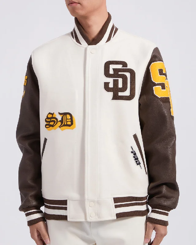 MLB SAN DIEGO PADRES OLD ENGLISH MEN'S RIB WOOL VARSITY JACKET (EGGSHELL/ BROWN)