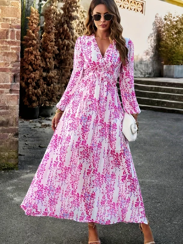 Sixsr Floral Print Maxi Dress, Casual V Neck Long Sleeve Dress, Women's Clothing