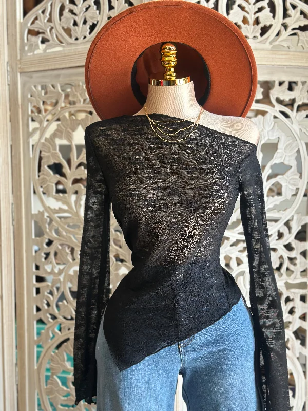 Black Asymmetrical Lace Top- Estira, Stretchy