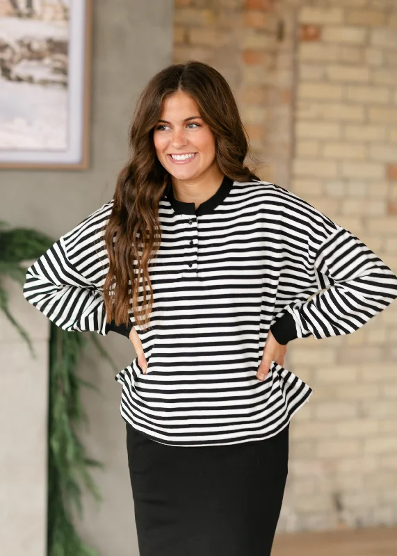 Nina Quarter Button Black Striped Top