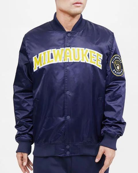 MLB MILWAUKEE BREWERS WORDMARK MEN'S SATIN JACKET (MIDNIGHT NAVY)