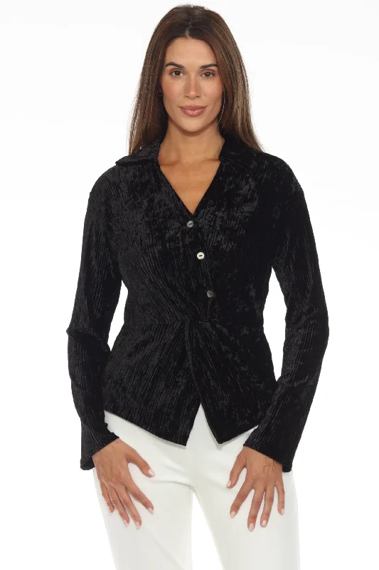 Joseph Ribkoff Black Pleated Velvet Long Sleeve V-Neck Top 244156