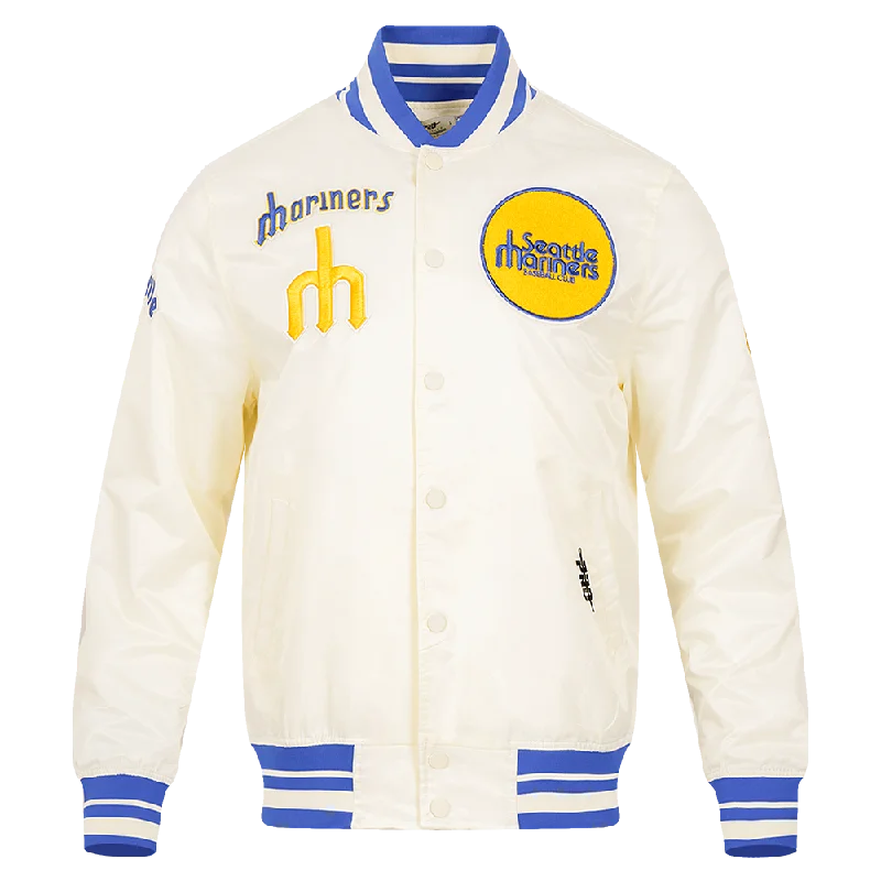 MLB SEATTLE MARINERS RETRO CLASSIC MEN'S RIB SATIN JACKET V2 (EGGSHELL/ROYAL BLUE)