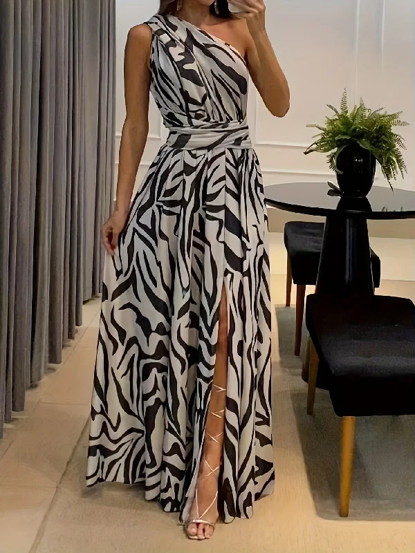 Sixsr Abstract Print One Shoulder Dress, Elegant Backless Sleeveless Maxi Dress, Women's Clothing