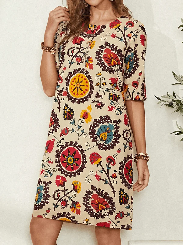 Ethnic Style Print round Neck Bohemia Casual Midi Dress for Women