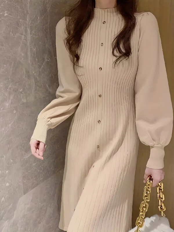 Sixsr Ribbed Mock Neck Dress, Casual Button Front Long Lantern Sleeve Dress, Women's Clothing