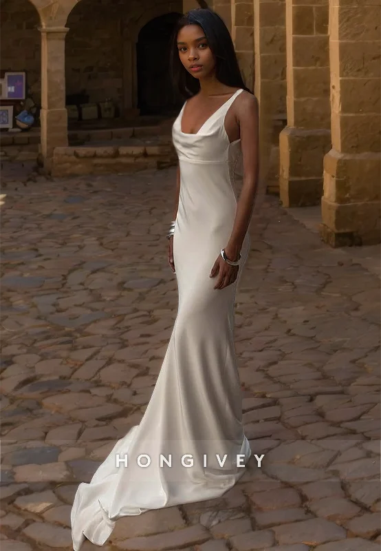 HONGIVEY Straps Scoop Mermaid Beach Wedding Dress Simple Sleeveless Satin Bride Gown