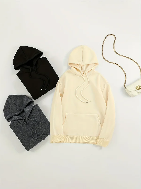 Sixsr 3pcs Solid Color Front Pocket Hooded Sweatshirts,  Casual Loose Long Sleeve Sports Drawstring Hoodie, Women's Sporty Sweatshirts