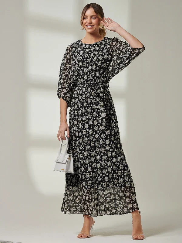 Chiffon Pleated Batwing Sleeve Maxi Dress, Black Floral