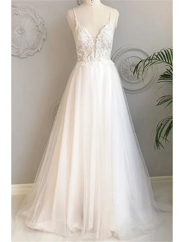 Beautiful Beach Wedding Dresses A-Line Sleeveless Strap Lace With Buttons Appliques