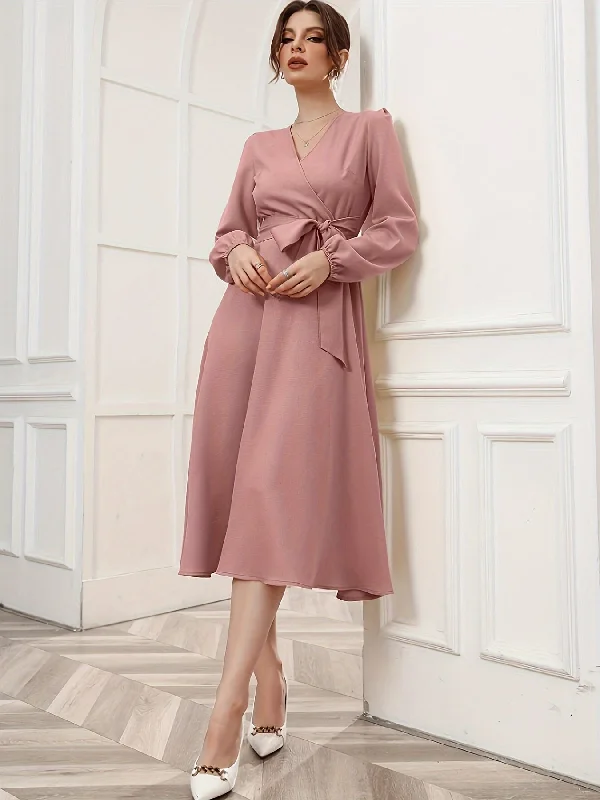 Sixsr Solid Surplice Neck Dress, Elegant Long Sleeve Belted Dress, Women's Clothing