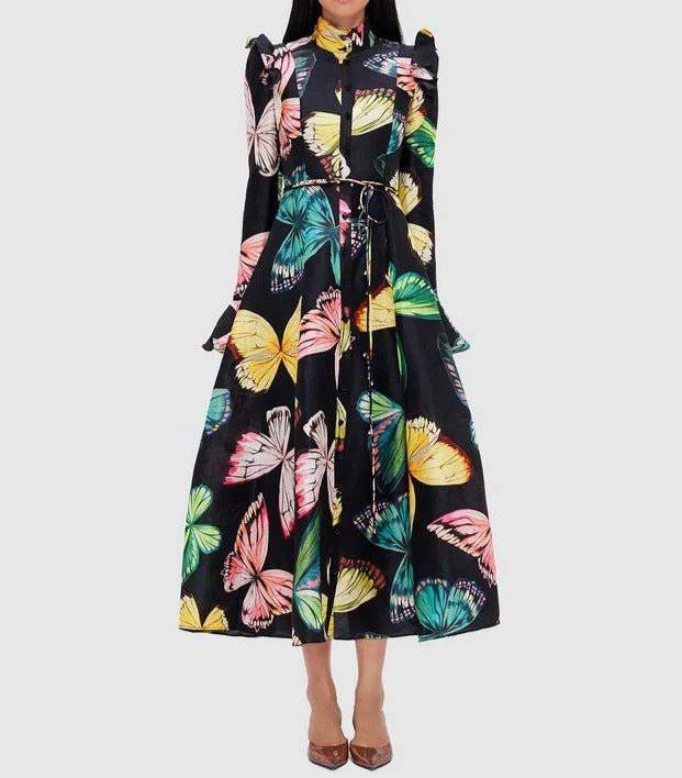 Faye Butterfly Print Button Down Midi Dress