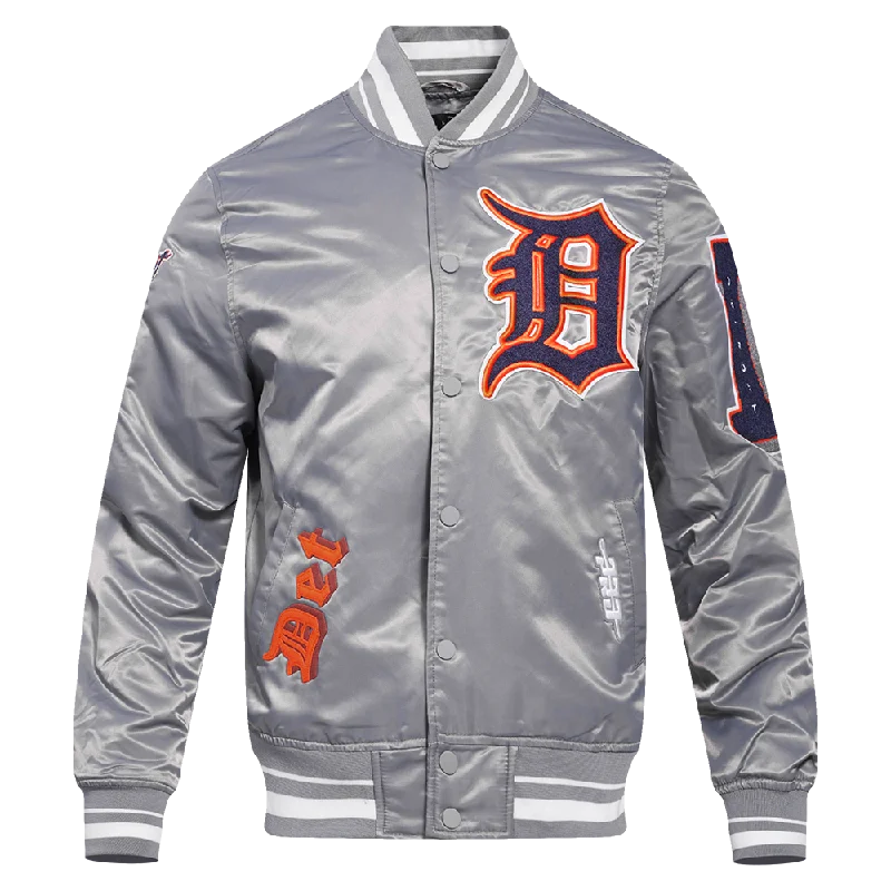 MLB DETROIT TIGERS OLD ENGLISH MEN'S RIB SATIN JACKET (GRAY)