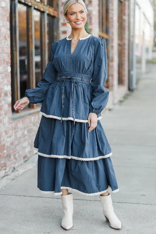 Count You In Navy Blue Rickrack Midi Dress