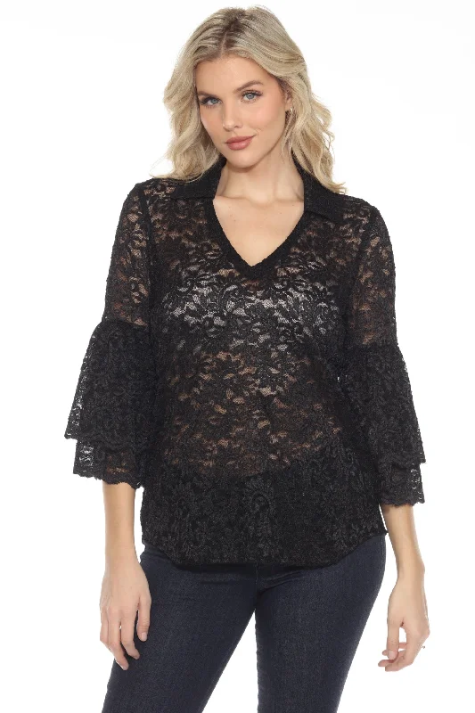 Joseph Ribkoff Black Bell Sleeve V-Neck Lace Top 244153