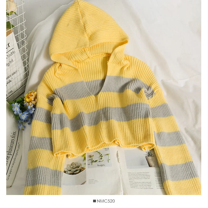 Korean stripe short loose thin hooded long sleeved sweater  1939