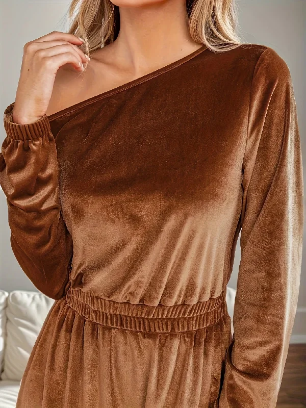 Sixsr Solid Velvet One-shoulder Dress, Casual Long Sleeve Cinched Waist Ruffle Hem Dress For Spring & Fall, Women's Clothing