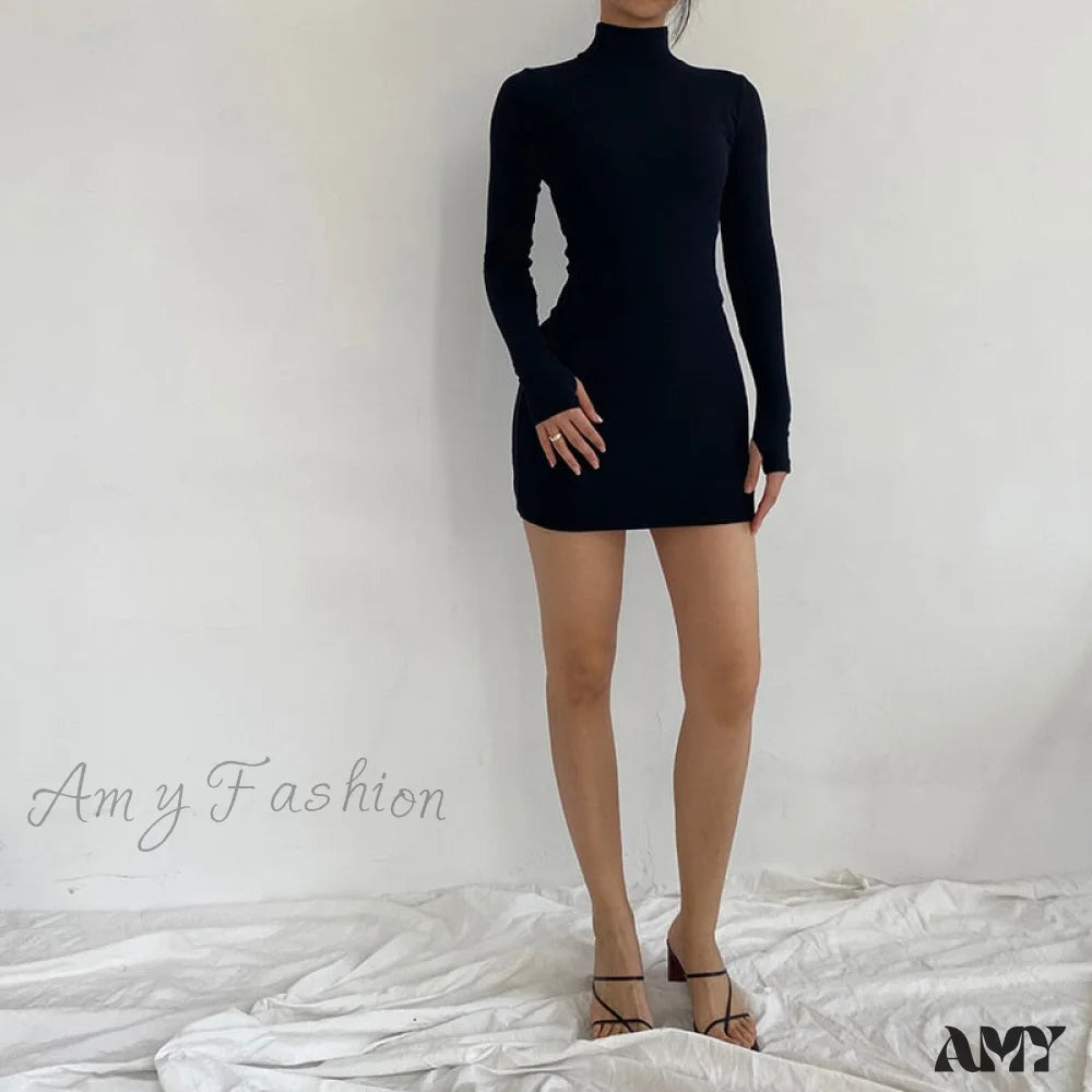 Amy Fashion - Sexy Solid Turtleneck Skinny Mini Dress