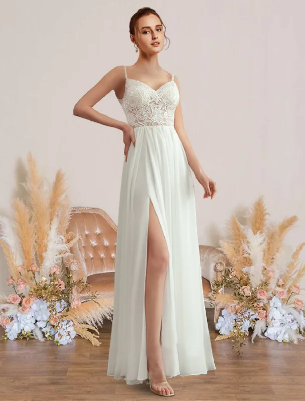 Beach Wedding Dresses Floor Length Sleeveless Strap V Neck Chiffon With Pleats Appliques