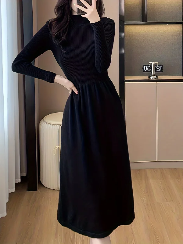 Sixsr Solid Long Sleeve Knit Dress, Elegant Mock Neck A-line Dress For Fall & Winter, Women's Clothing