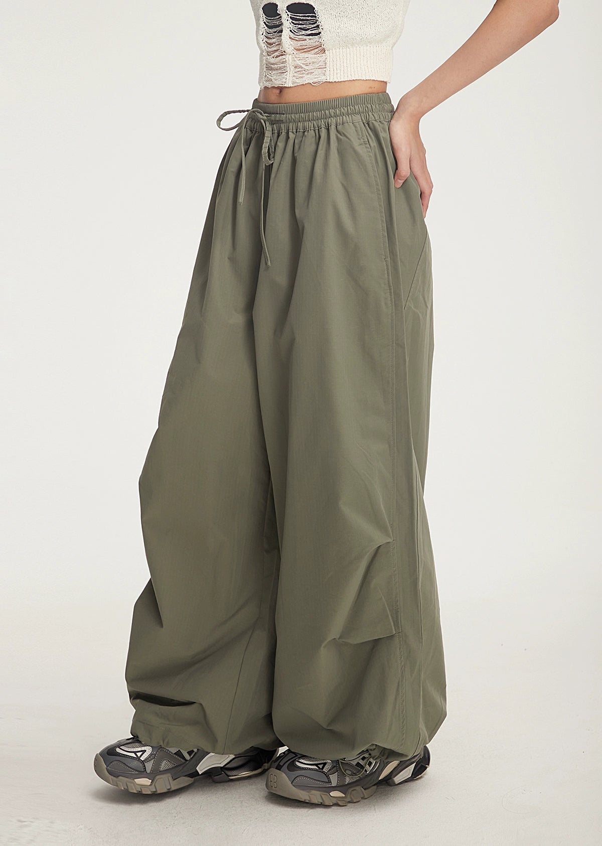 Drawstring Wide-Leg Parachute Jogger Pants