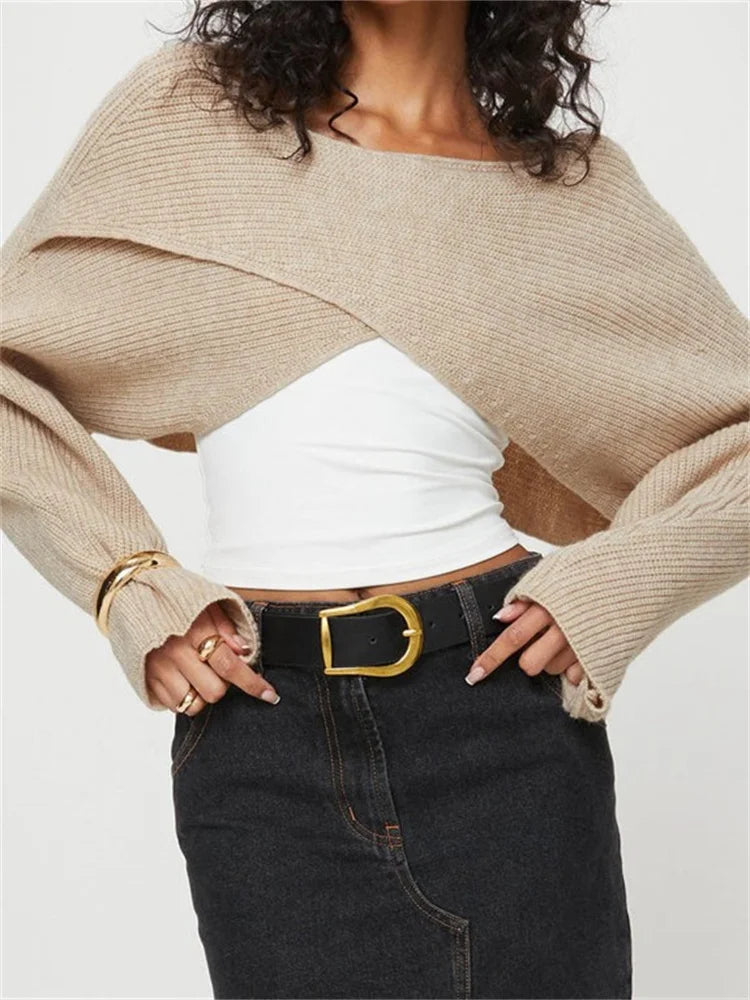 JuliaFashion - Cropped Solid Criss-Cross Long Sleeve Pullovers Knitwear Winter Fall Warm  Sweater