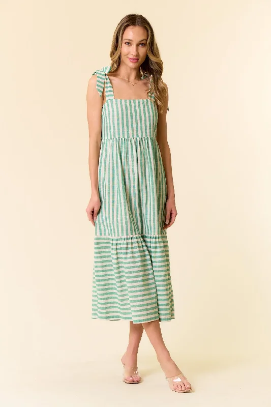 Jade Striped Shoulder Tie Midi Dress