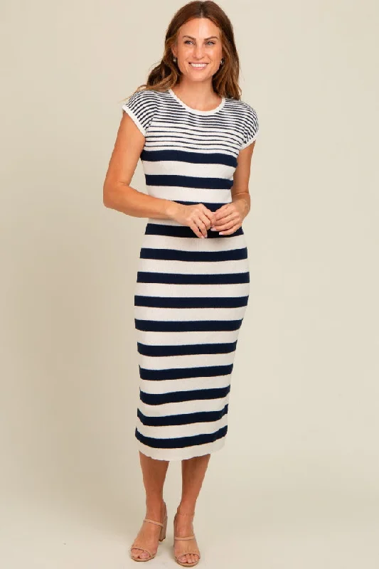 Navy Blue Mixed Striped Midi Dress