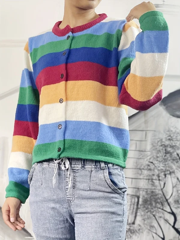 Sixsr Rainbow Striped Button Up Knit Cardigan, Boho Crew Neck Long Sleeve Sweater, Women's Clothing