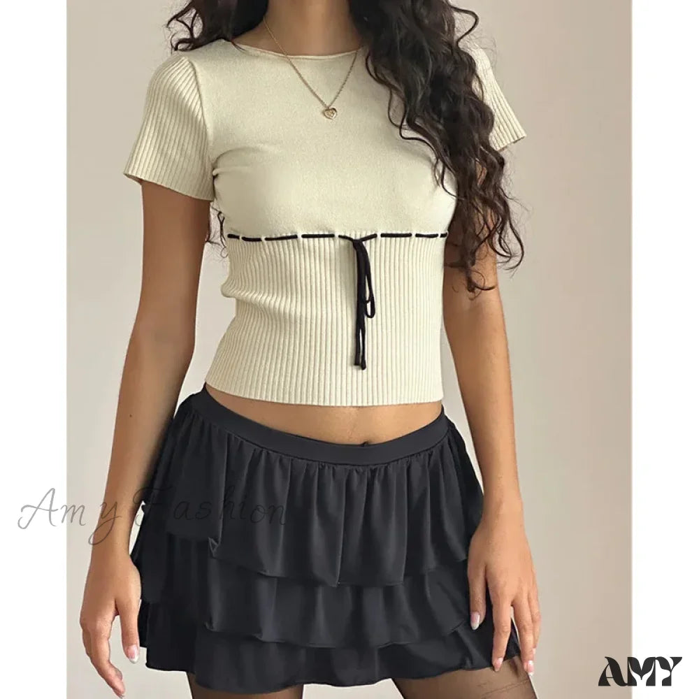 Knitted Patchwork Round Neck Short Sleeve Aesthetic Summer Streetwear Crop Top