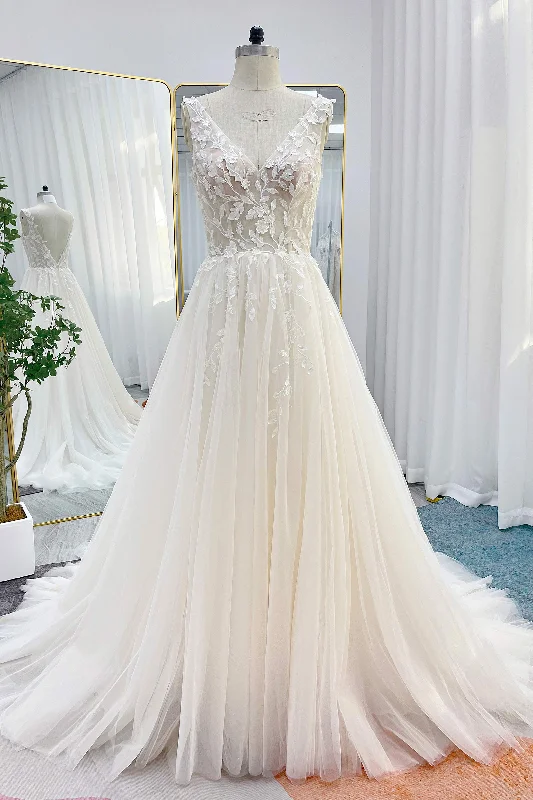 A-Line Court Train Lace Tulle Wedding Dress CW3238