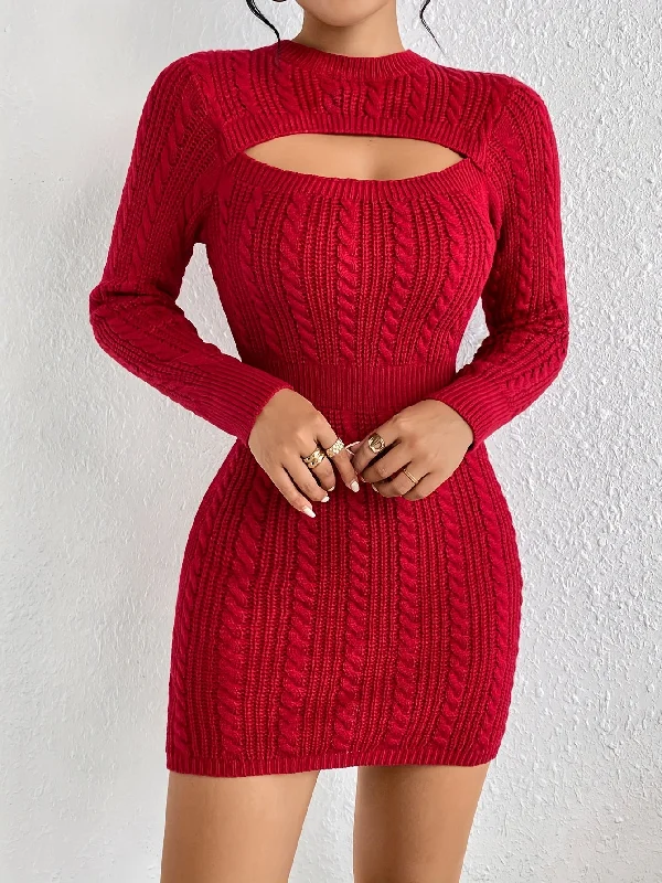 Sixsr Cut Out Cable Knit Sweater Dress, Sexy Long Sleeve Bodycon Dress, Women's Clothing