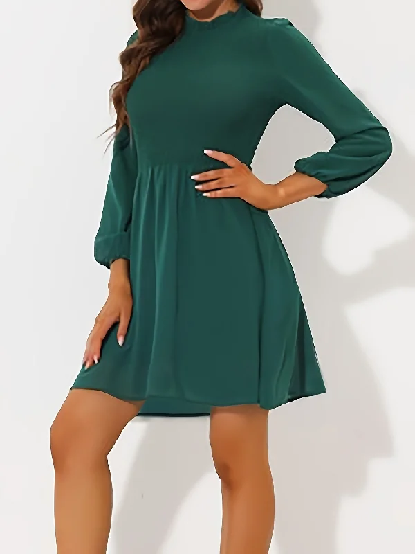 Sixsr Solid A-line Lantern Sleeve Dress, Casual Ruffle Trim Round Neck Dress For Spring & Fall, Women's Clothing