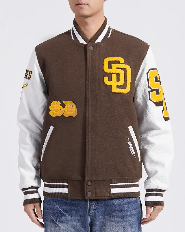 MLB SAN DIEGO PADRES OLD ENGLISH MEN'S RIB WOOL VARSITY JACKET (BROWN/WHITE)