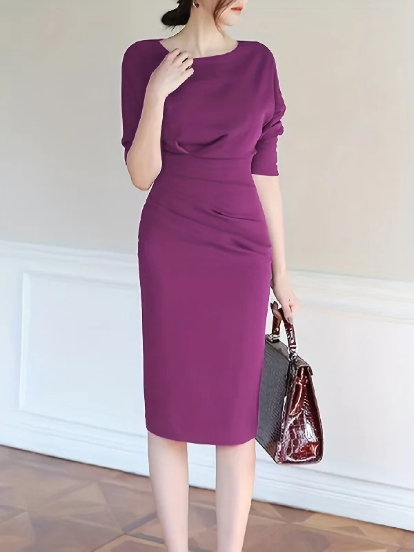 Sixsr Solid Lantern Sleeve Split Dress, Elegant Boat Neck Midi Dress For Spring & Summer, Women's Clothing