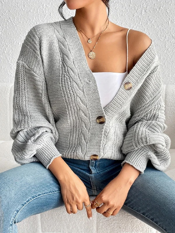 Sixsr Solid Button Down Cable Knit Cardigan, Casual Long Sleeve Drop Shoulder Sweater, Women's Clothing